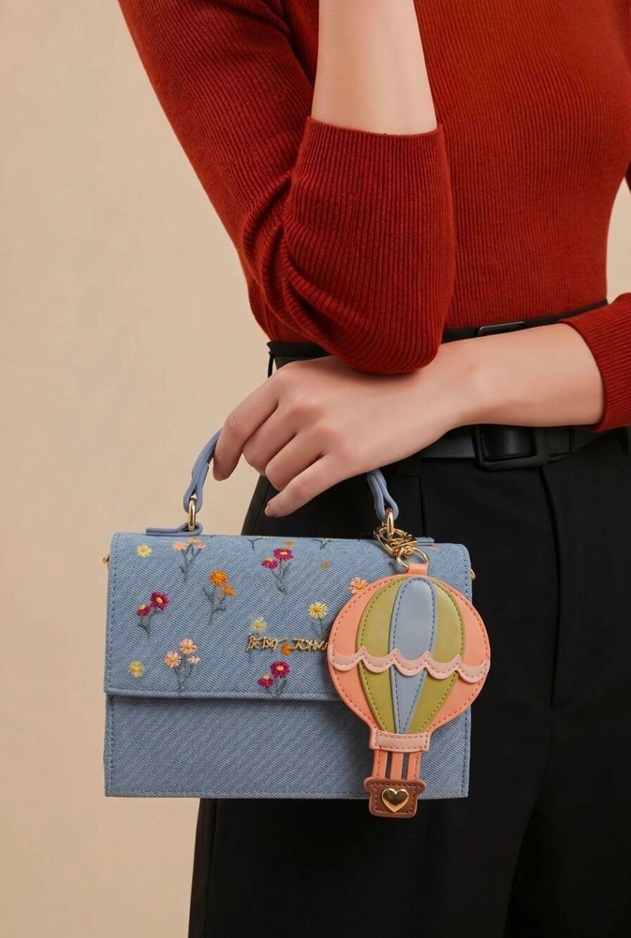 🇬🇪🩵NWT Betsey Johnson Denim Floral Hot Air Balloon Charm Mini Crossbody Purse